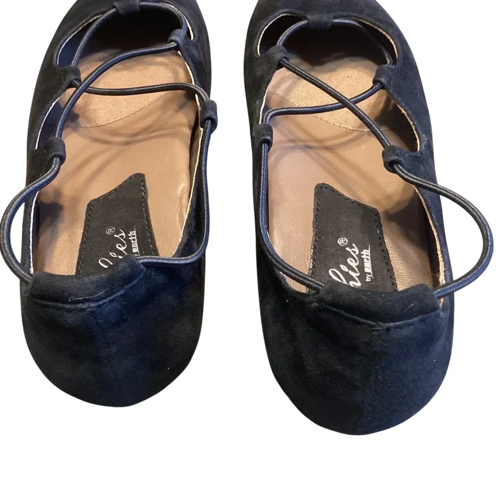 Earthies by Earth Essen Black Suede Lace Up Ballet Flats Pointed Toe Women 8 EUC